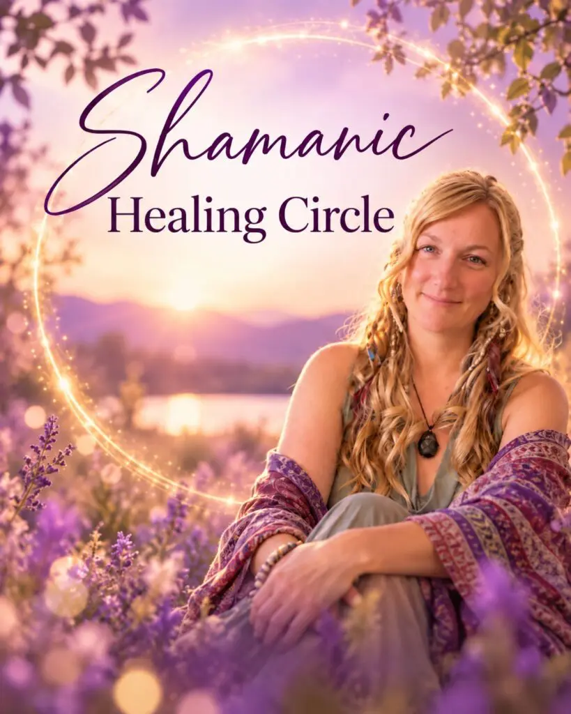 Johanna Soie seated among lavender at sunset, hands folded over her knees, framed by a glowing circle of light, with mountains and soft bokeh in the background