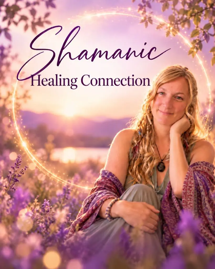 Johanna Soie seated among lavender at sunset, resting her chin on her hand, framed by a glowing circle of light, with mountains and soft bokeh in the background