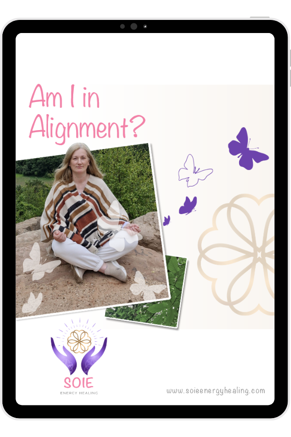 “Am I in Alignment?” quiz cover featuring Johanna sitting cross-legged outdoors with decorative elements and Soie Energy Healing branding