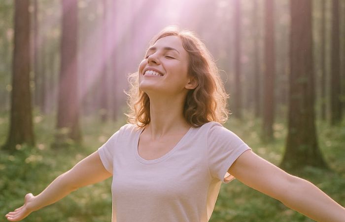 SOIE-healing-releasing Woman standing in a forest with arms open and eyes closed, representing a sense of release, openness and renewed energy
