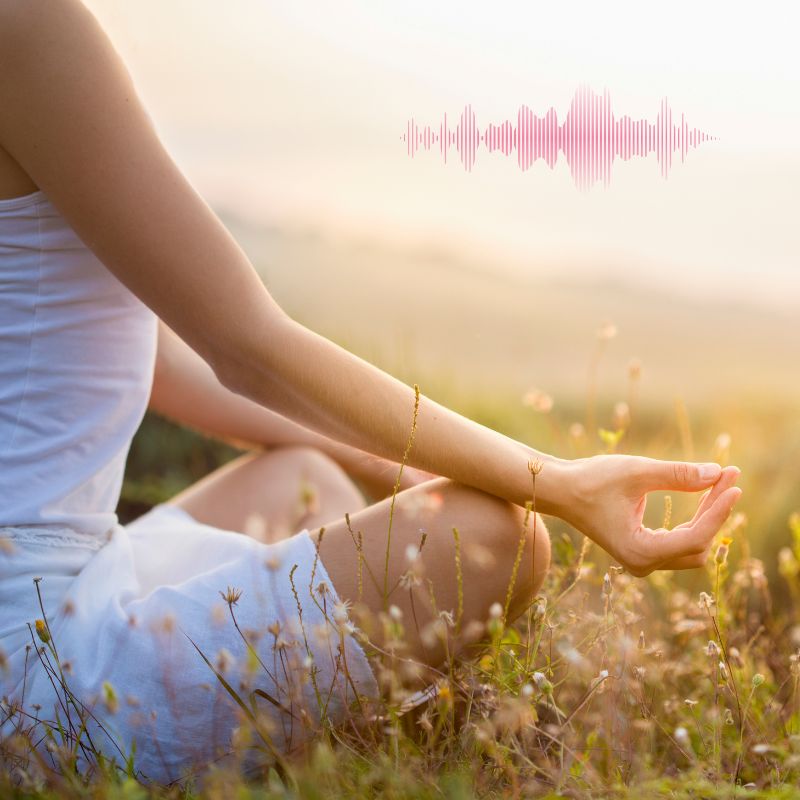 Person sitting cross-legged in a field with hand in a meditation pose and audio waveform overlay, representing guided meditation audio