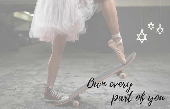SOIE-soul-blueprint-gifts Person balancing with one foot on a skateboard and one in a ballet shoe, representing embracing all parts of yourself and personal strengths