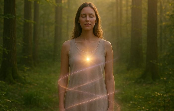 Woman standing in a forest with eyes closed and light glowing from her chest, representing healing, personal growth and transformation