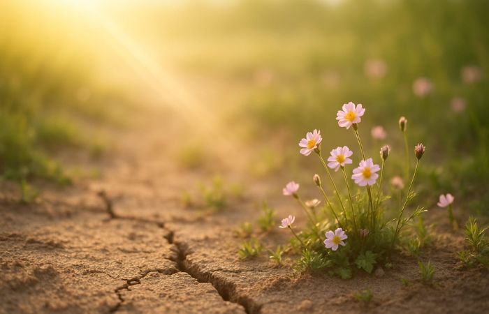 Small pink flowers growing through cracked earth in soft sunlight, representing gentle healing, resilience and compassionate exploration