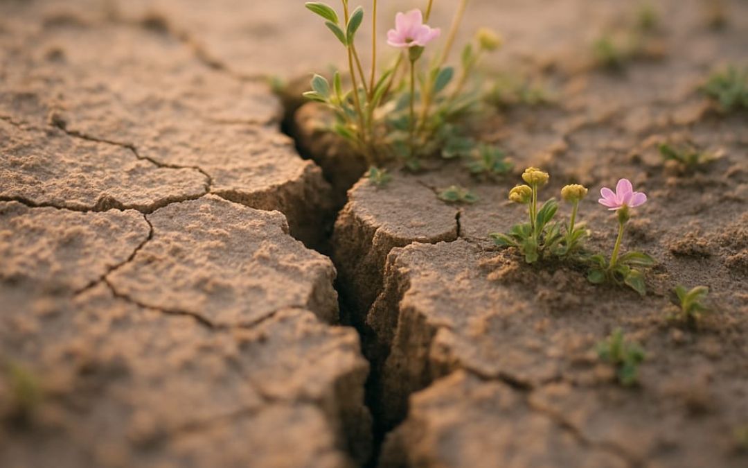 Soie-2008-cracks Small pink flowers growing through cracked earth, representing resilience, healing and growth through challenges